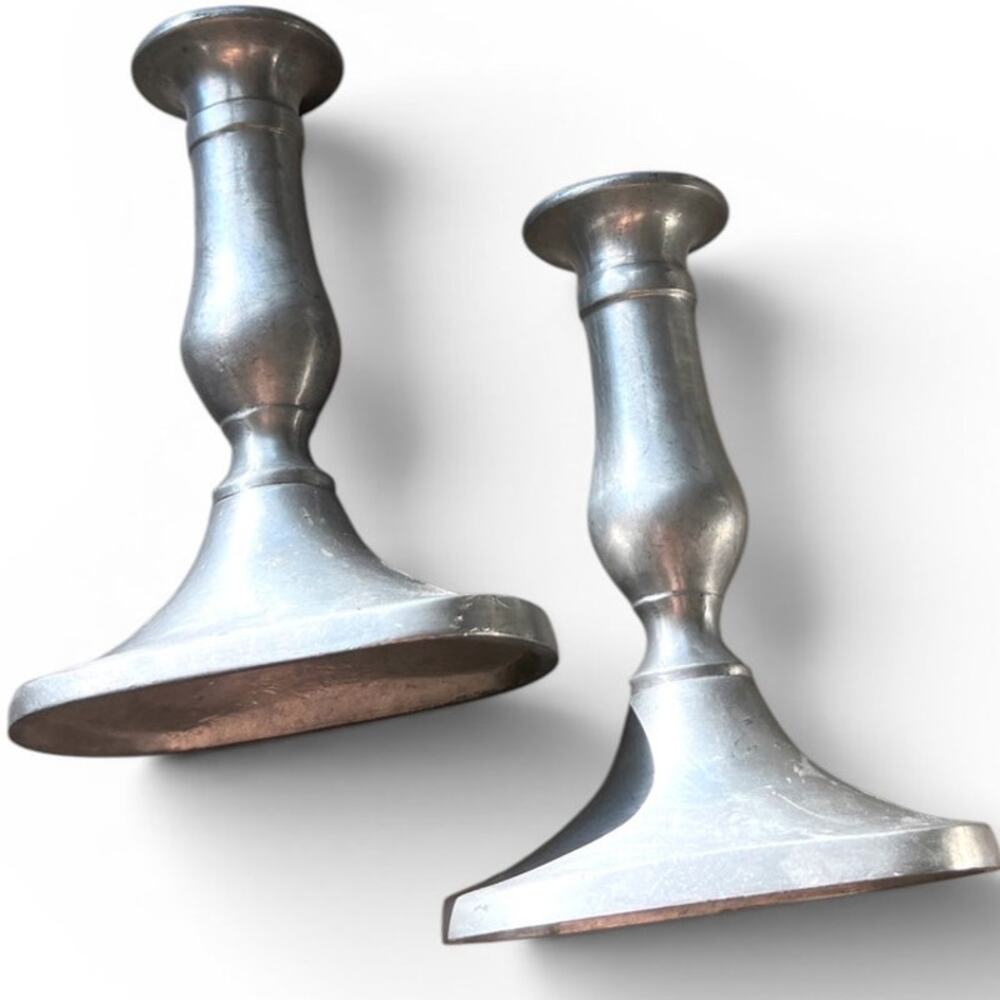 Stieff Pewter vintage set of 2 candlestick holders brushed silver numbered MCM